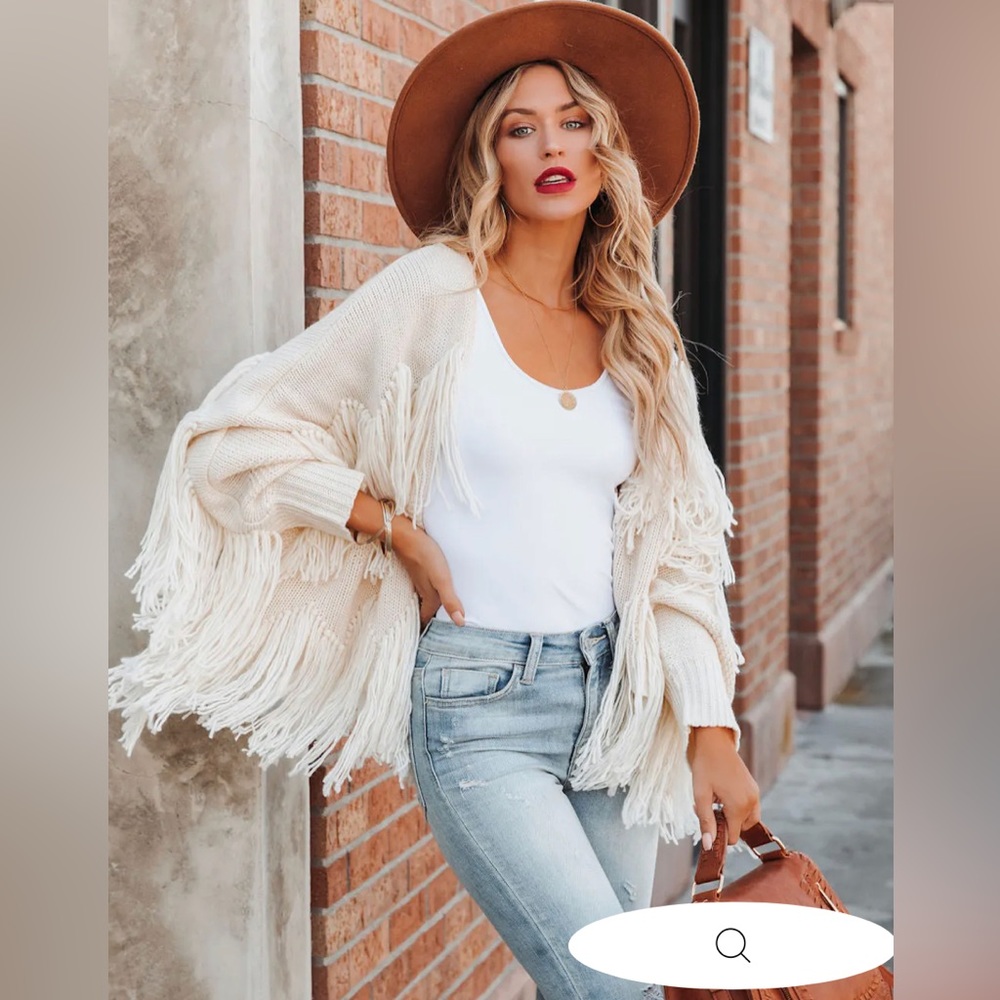 Spruce Fringe Knit Cardigan- Powder Beige, Size : S/M